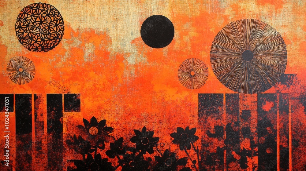 Poster artwork featuring a stunning pattern set against a textured orange backdrop