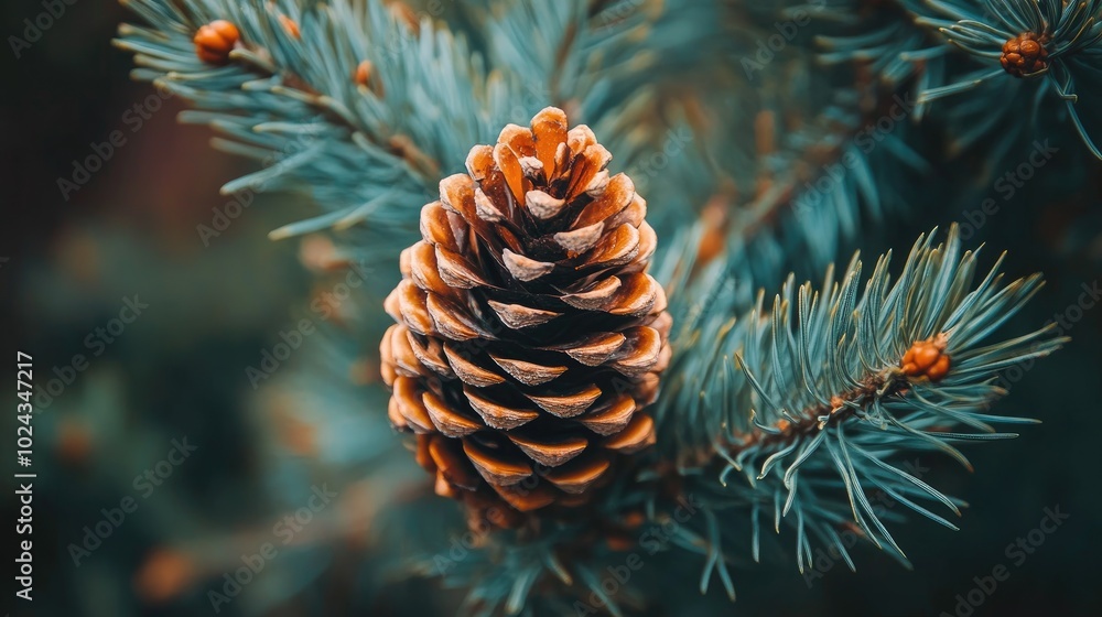 Poster close up of a pine cone on tree branch