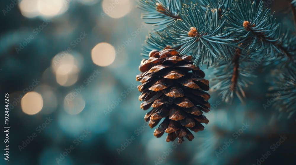Poster close up of a pine cone on tree branch