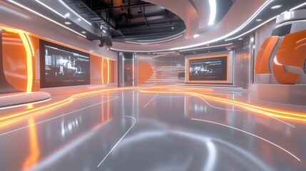 TV news, virtual studio background. Ideal also for online shows or live events. Modern 3D rendering backdrop suitable on VR tracking system stage sets