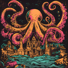 Obraz premium A vintage-style illustration depicting a colossal octopus rising from turbulent waters, with tentacles sprawling over an ancient cityscape, creating a dramatic and surreal underwater scene.