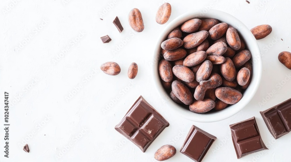 Poster bowl of aromatic cocoa beans and chocolate on a white background close up