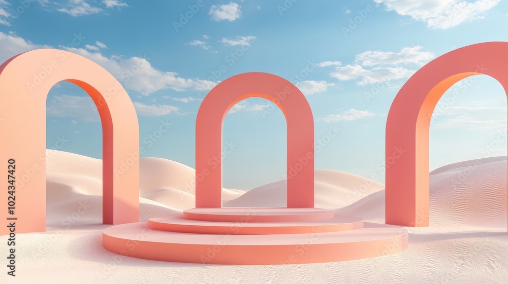 Poster 3D rendering of an abstract surreal pastel landscape featuring arches and a podium for product display panoramic perspective vibrant dune scene with ample copy space blue sky with clouds minimalis
