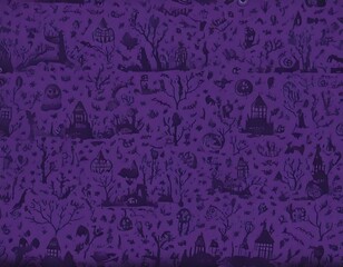 Purple Halloween Pattern with Spooky Icons and Witch Silhouettea - 魔女とハロウィンの不気味なアイコンが並ぶ紫色のパターン