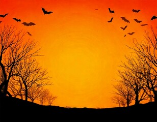 Fototapeta premium Spooky Halloween Night with Bats and Bare Trees on an Orange Background - オレンジ背景にコウモリと枯れ木が映えるハロウィンの夜