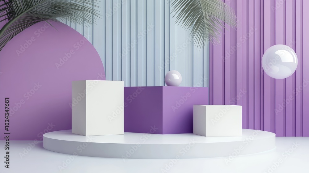 Poster 3d geometric shapes featuring purple violet and white cubes on a minimal podium background abstract 