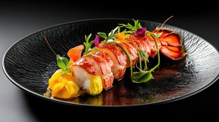 An elegant lobster tail dish on a black plate, with vibrant garnishes and gourmet presentation, perfect for a luxurious dining setting.