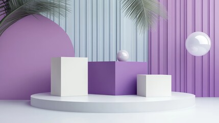 3D geometric shapes featuring purple violet and white cubes on a minimal podium background Abstract illustration for showcasing cosmetic or fashion products