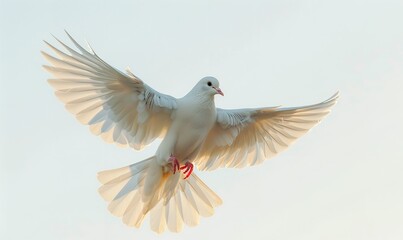 Obraz premium With its wings spread wide and its silky feathers catching the sunshine, a majestic white dove symbolizes freedom and serenity as it soars over the bright sky, Generative AI.