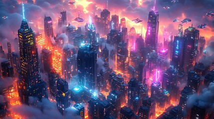 Fototapeta premium A futuristic city skyline with neon lights and flying vehicles.
