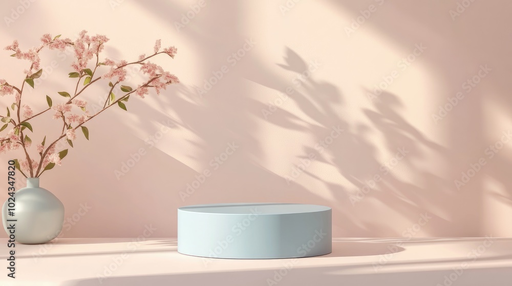 Poster 3d rendered illustration featuring a geometric blue cube podium for showcasing cosmetic products moc