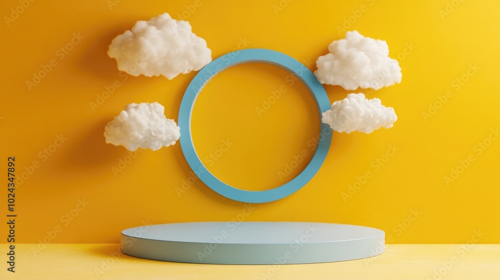 Canvas Prints 3D render featuring an abstract yellow background with white clouds and a blue circular opening A minimalist geometric display scene with an empty podium for presenting products