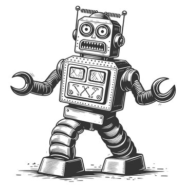 vintage robot with claw arms, antennas, boxy design, classic sci-fi aesthetic with mechanical charm sketch engraving generative ai vector illustration. Scratch board imitation. Black and white image.