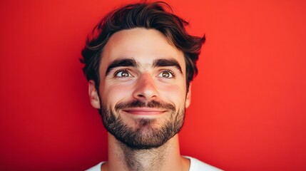 Obraz premium 24. A man with a playful smirk, eyes twinkling with mischief, against a solid red backdrop.