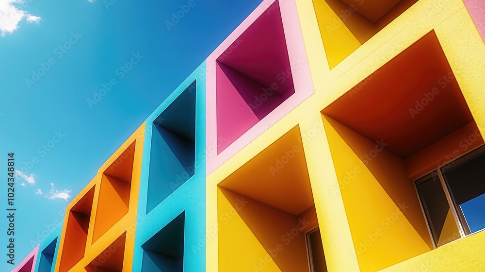 Poster colorful minimalistic building facade with a bright blue sky in a 3d rendering