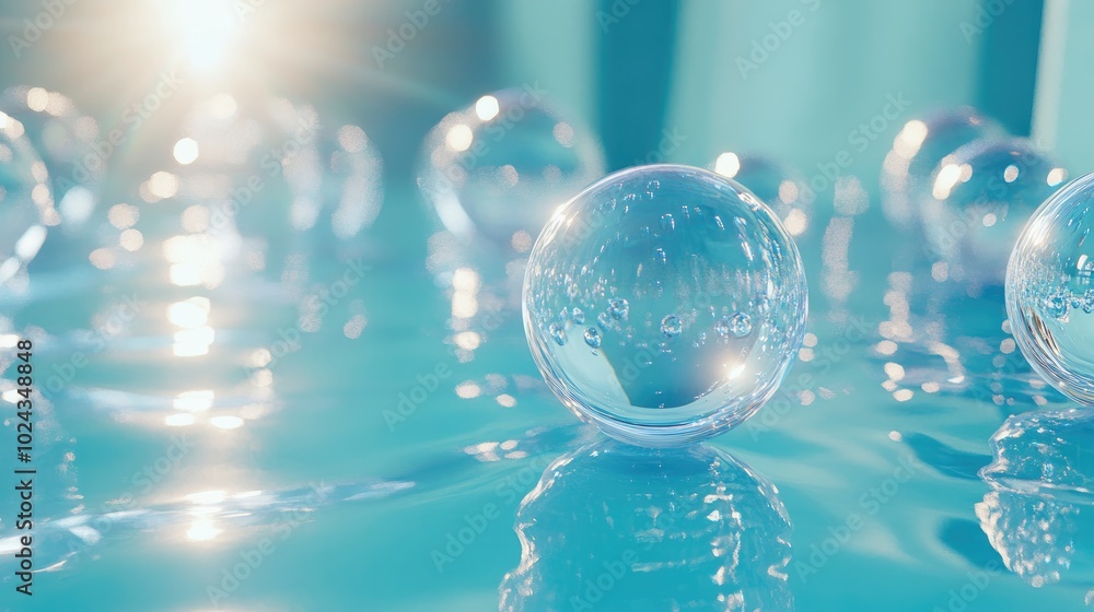 Poster 3D rendering of glass bubbles arranged in a setting resembling a blue swimming pool featuring light reflections