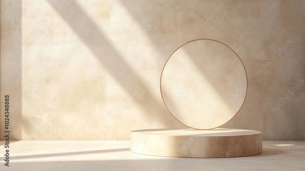 Poster 3D backdrop featuring a podium display Soft beige banner with light and shadow effects Ideal for beauty cosmetic promotions showcasing a natural wooden panel with a gold stand Minimalist studio re