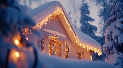 Close-up of a snow-covered house with glowing Christmas lights outlining the roof and windows.