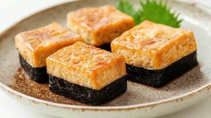Close up of four pieces of fried tofu sushi arranged on a plate against a white background