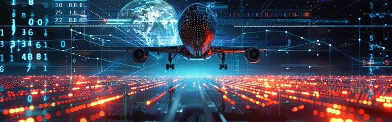 A digital airplane navigates through a high-tech sky filled with graphs and data, showcasing advanced air traffic control technology for business travel