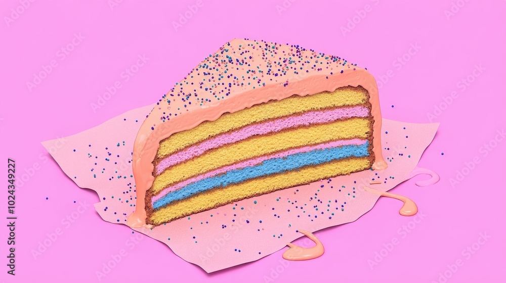 Poster cake on a pink background triangular slice of cake on a paper surface close up of sweets