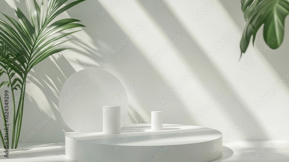 Poster 3D illustration of a geometric white cylinder podium for cosmetic product display Empty mock up design in a modern abstract composition on a white background
