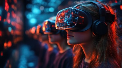 A group of people wearing VR headsets, immersed in a virtual reality experience.