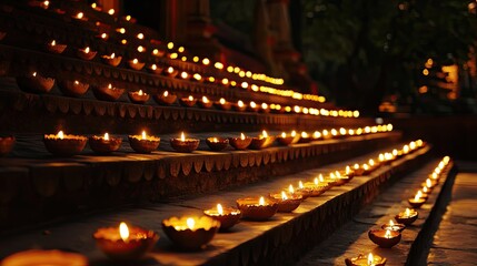 Rows of diyas illuminating the steps of a temple at night, capturing the beauty and tradition of Diwali.