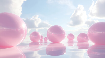 Abstract fantasy background with pastel pink balloons floating on the glossy reflective water surface, soft diffused daylight, blue sky with Cumulus clouds aesthetic landscape background. 