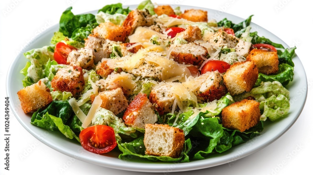 Poster chicken caesar salad with sauce cheese and croutons on isolated white plate side view food image