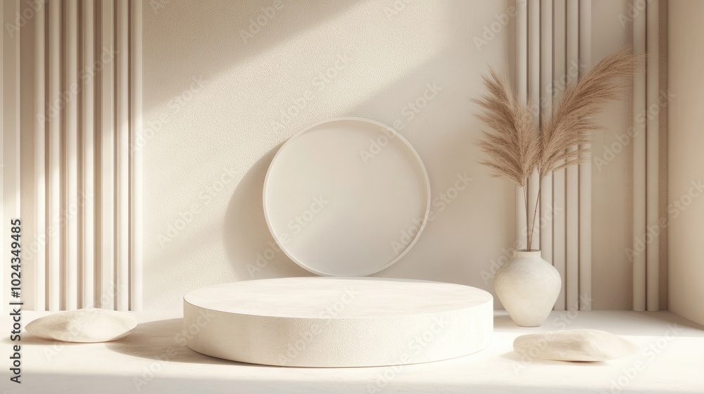 Aufkleber 3D rendering of a podium on a neutral backdrop Abstract composition featuring round shapes circles and tubes designed to highlight your logo product or sign Soft geometric setting with a contempor