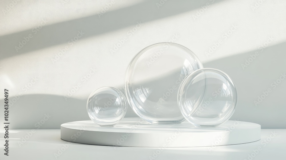 Poster 3d rendering of a podium or platform featuring glass spheres designed for retail advertising and bus