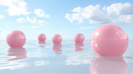 Abstract background with pink balloons floating on the glossy reflective water surface, soft diffused daylight, blue sky with Cumulus clouds aesthetic landscape background. 
