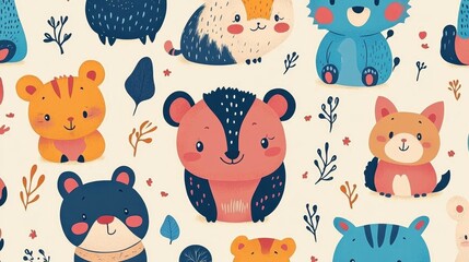 Adorable Forest Animal Characters in Whimsical Pattern