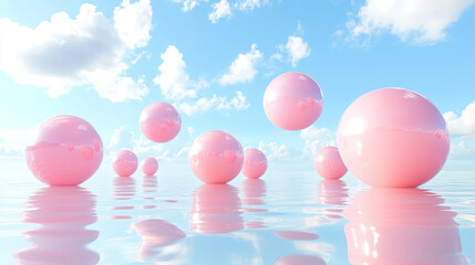Abstract background with pink spheres floating on the glossy reflective water surface and in the air, soft diffused daylight, blue sky with Cumulus clouds aesthetic landscape background. 