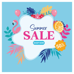 Summer sale offers. Tropical leaves and flamingo decoration. Summer concept. Flat vector illustration.
