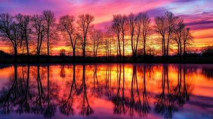 Obraz premium Silhouetted trees against a glowing sunset sky over a still lake, with vibrant reflections in the water, evoking calm and wonder.