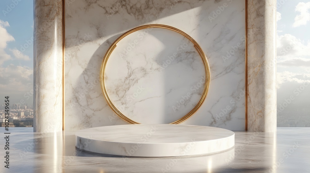 Poster 3d rendering of a white marble pedestal with a golden circular frame