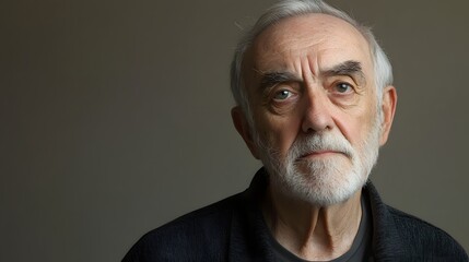 Fototapeta premium 2. An older man with a look of deep contemplation, brow furrowed and eyes focused, against a neutral gray backdrop.