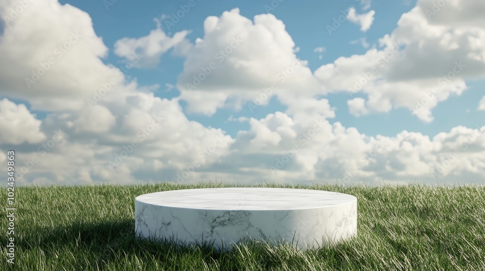 Poster 3d rendering of a marble podium against a grassy field and sky backdrop