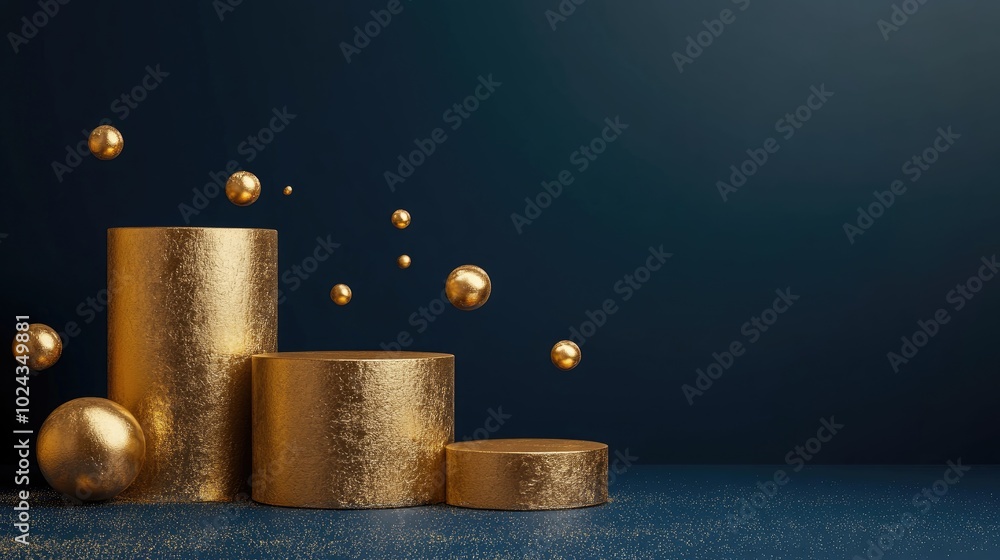 Poster brown cylindrical podium featuring various gold shapes against a dark blue background backdrop desig