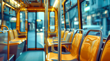 Inside a yellow bus showcasing empty seats during daylight on a busy city street with a blurred background