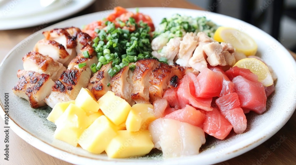 Poster assorted plate featuring vegetables chicken pork cheese and fish with lemon