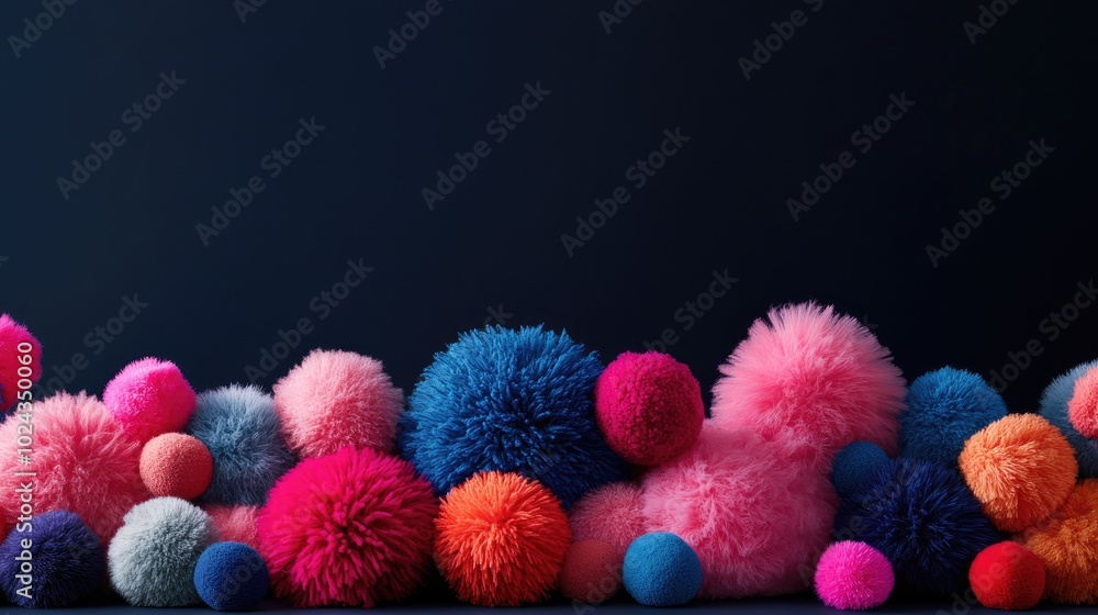 Poster colorful soft pompons and fuzzy fur balls arranged against a dark backdrop