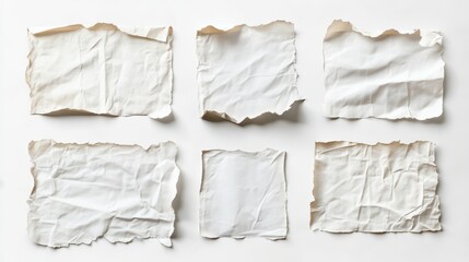 Obraz premium Collection set of white paper parchment, old torn burnt crumple rip edges on white background