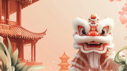 Mythical Chinese Lion Dance in Front of Traditional Pagoda