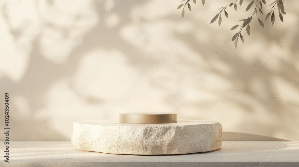 Poster 3d podium display on a soft beige background featuring a rock pedestal brown cosmetic beauty product