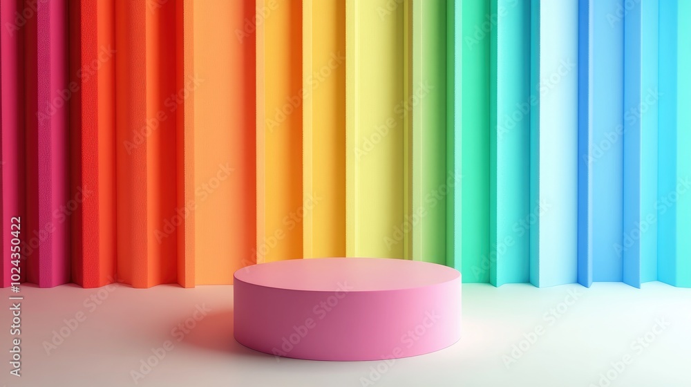 Poster 3d rendering of a cylindrical podium against a colorful backdrop