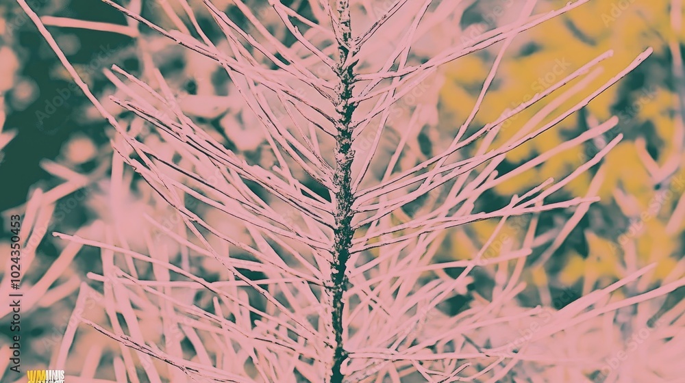 Aufkleber Close up image of a light needle tree branch centered in the frame Soft focus and blur create a bokeh effect in the background featuring brown and green tones