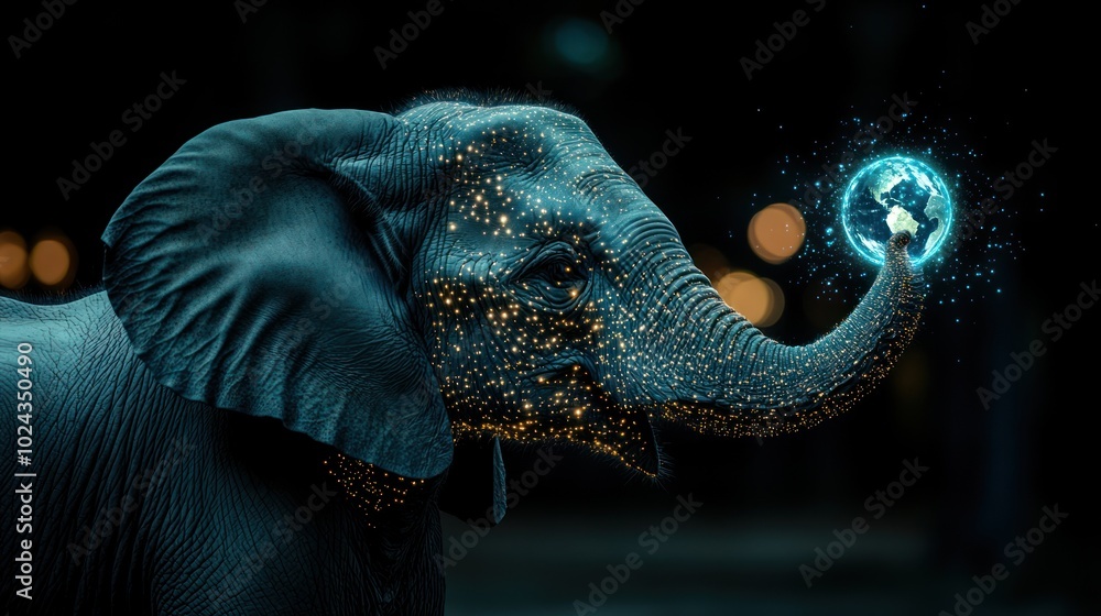 Poster a majestic elephant with a glowing globe on its trunk, symbolizing the interconnectedness of life an